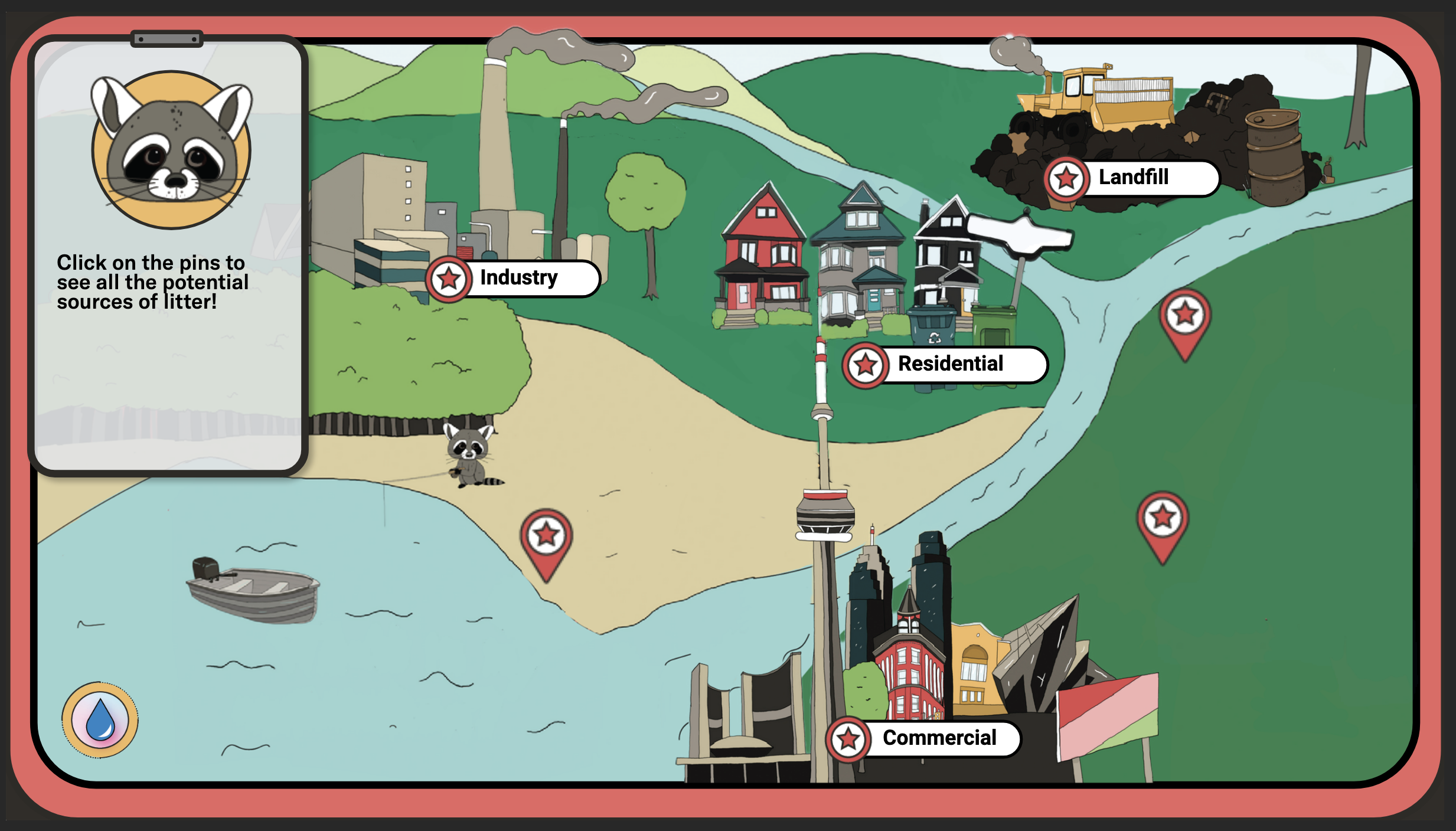 Screenshot from Plastic in my watershed interactive, showing an illustrated map with several pinned locations