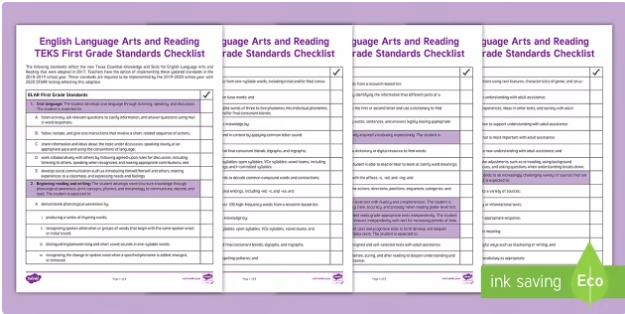 First-grade TEKS English Language Arts and Reading  Standards Checklist