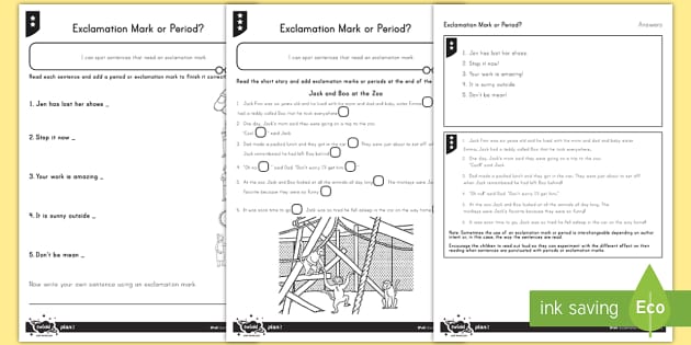 Exclamation Mark or Period Differentiated Worksheets Image