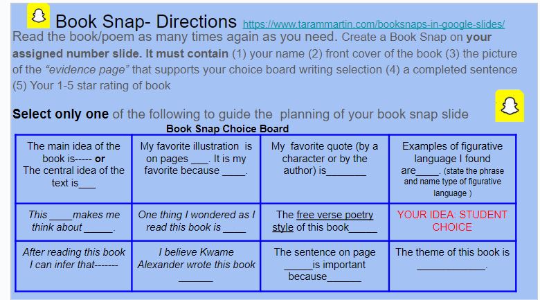 Google Slide showing student choice board with writing prompts