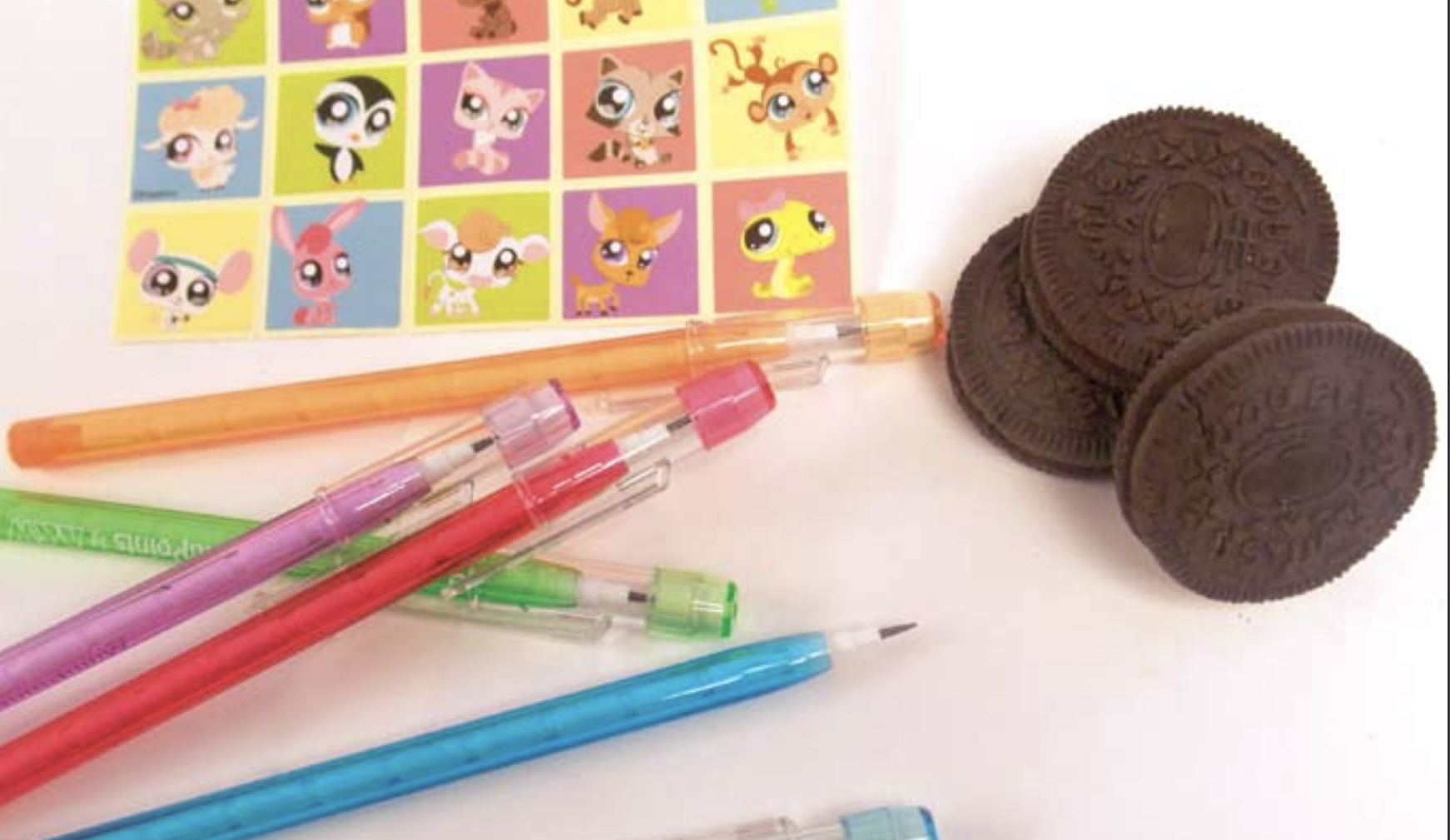 pens stickers cookies