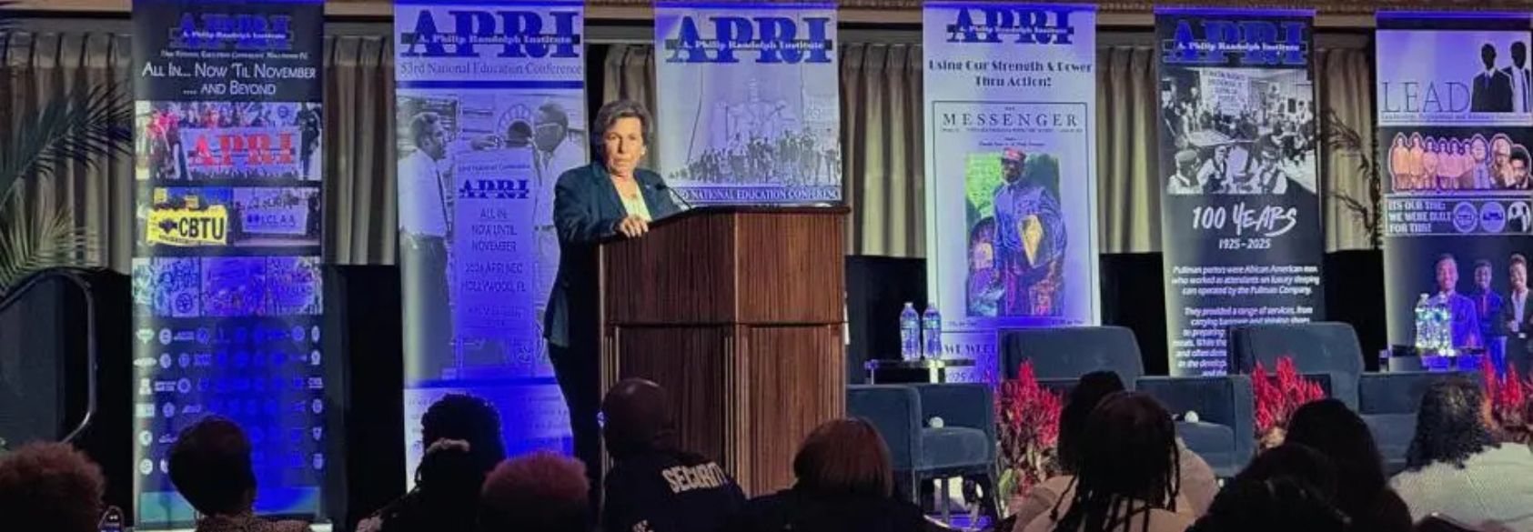 Weingarten addressing the A. Philip Randolph Institute education conference in Chicago, Aug. 6.