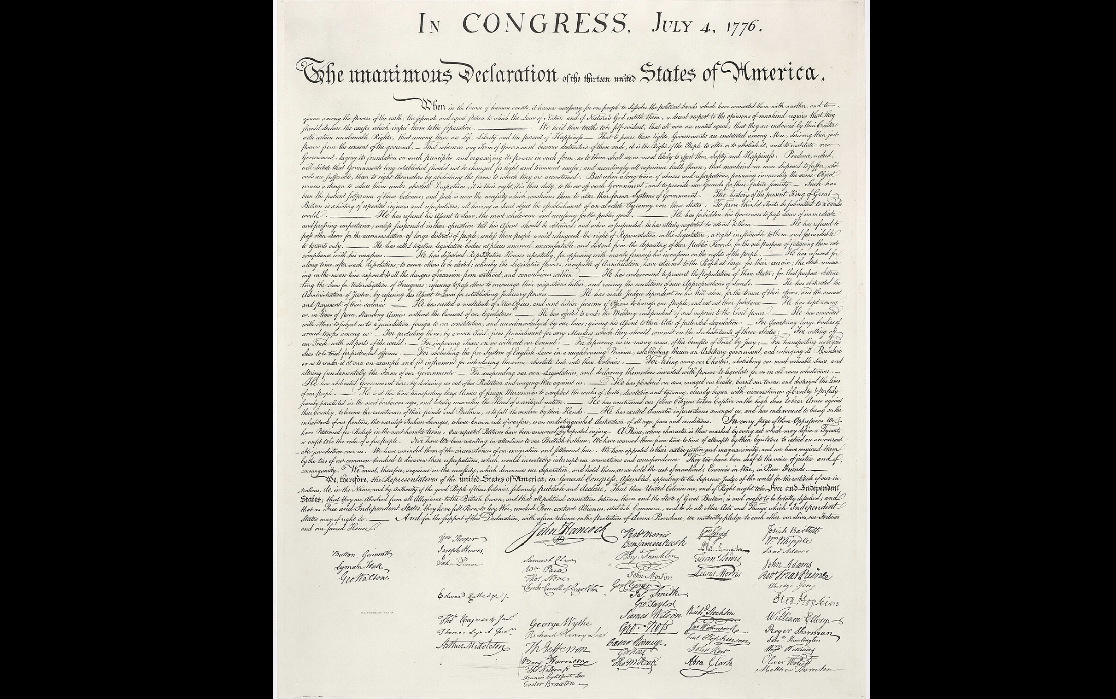 This is a high-resolution image of the United States Declaration of Independence (article - text). This image is a version of the 1823 William Stone facsimile — Stone may well have used a wet pressing process (that removed ink from the original document onto a contact sheet for the purpose of making the engraving).