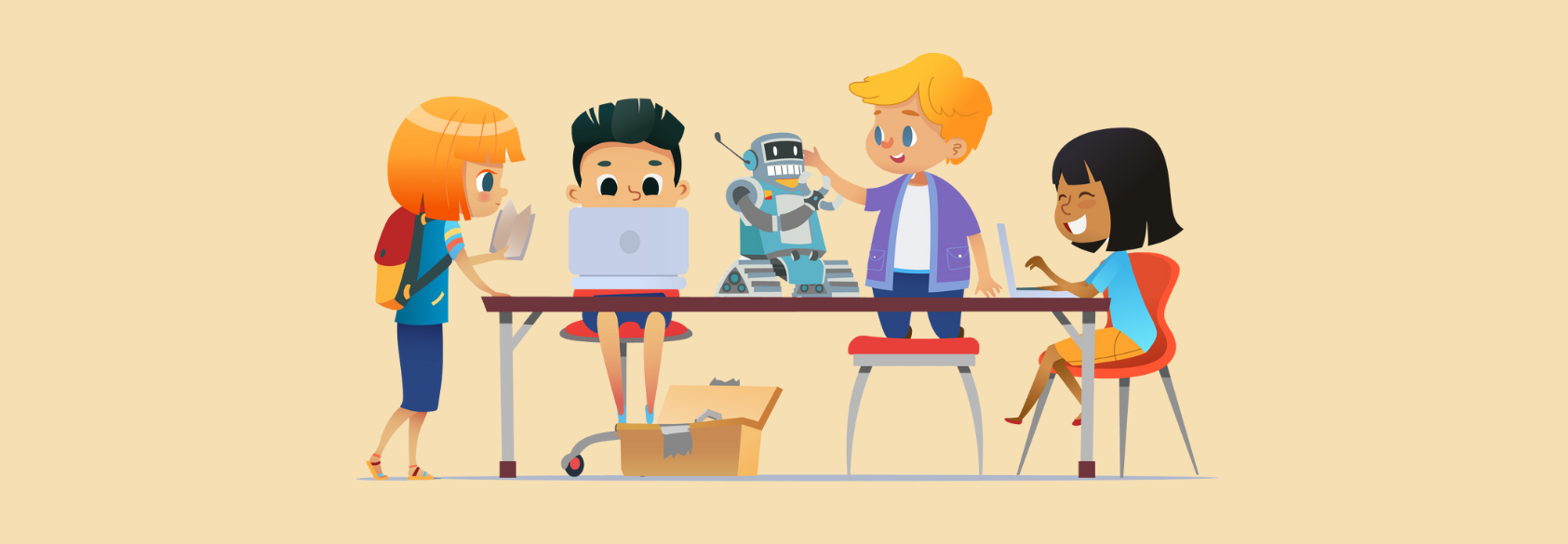 Four children work together on a robotics project at a table. One child reads a book, another types on a laptop, a third adjusts a friendly-looking robot, and the fourth smiles while using another computer. A cardboard box sits under the table. The scene shows teamwork, curiosity, and creativity in STEM learning.