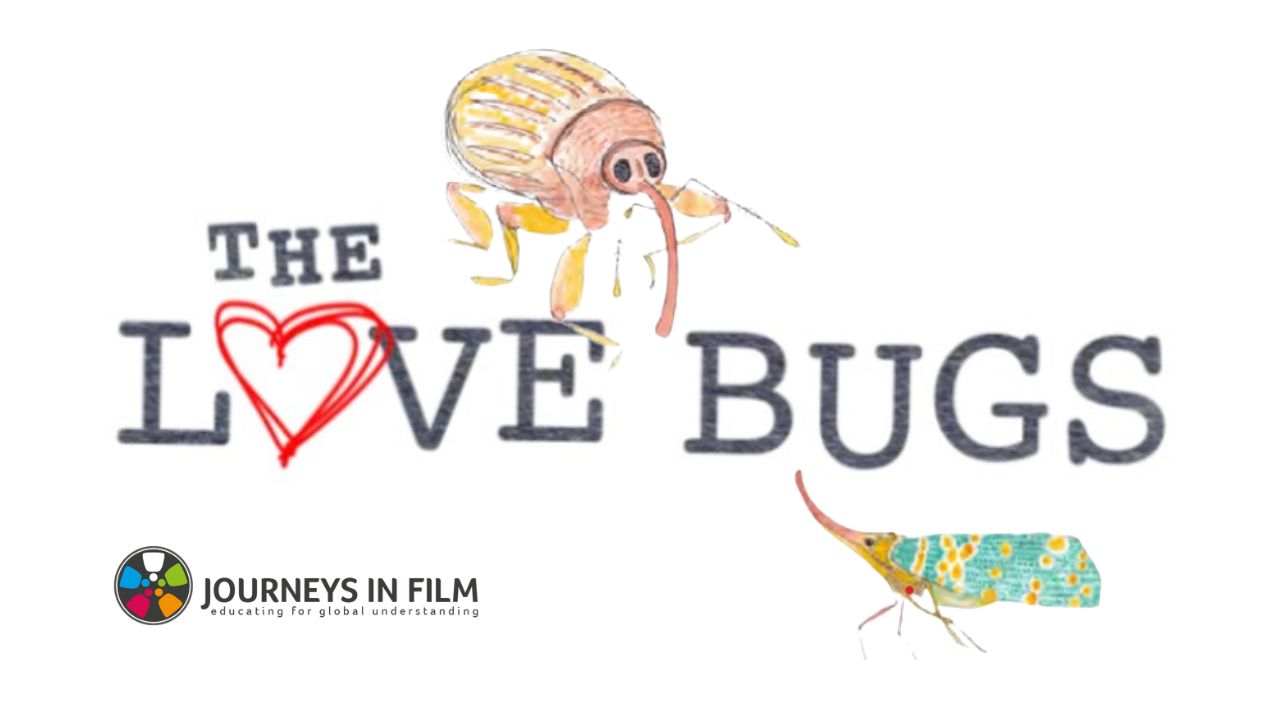 Detail from the film poster for The Love Bugs. The title is spelled out in the middle in black over a while background. The "O" of "Love" is a hand-drawn red heart. Two cute illustrated bugs sniff at the title. The Journeys in film logo is in the bottom left corner.