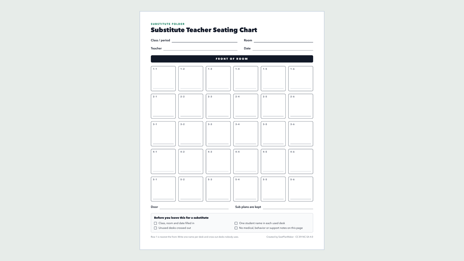 Substitute Teacher Seating Chart (Blank, Printable) | Lesson Plan