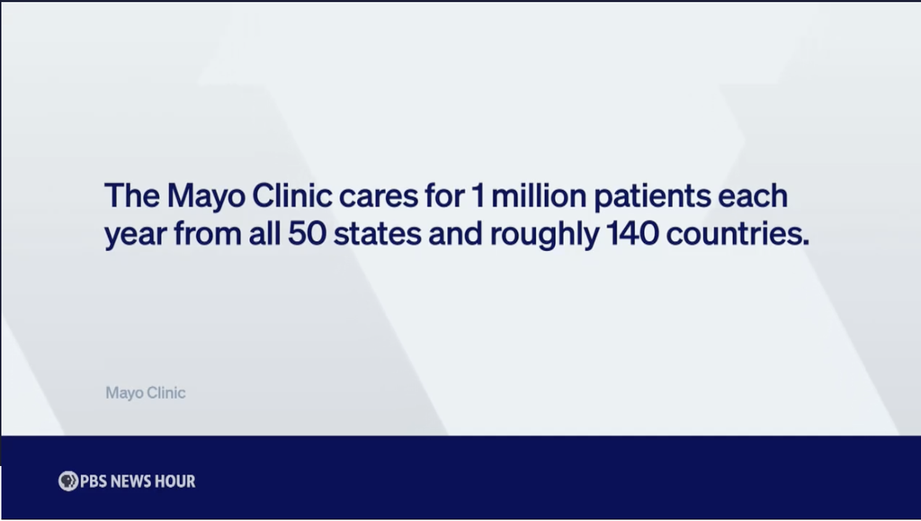 Mayo Clinic graphic: the clinic cares for 1 million patients each year from all 50 states and roughly 140 countries.