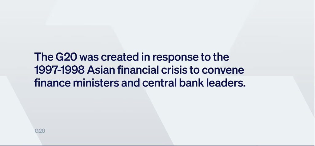 Text graphic explaining the G20 was created after the 1997–1998 Asian financial crisis to convene finance ministers and central bank leaders.