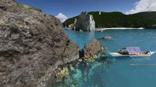 A boat on the surface above a coral reef.