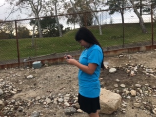 A student using their atmotube to get the air quality outside. 