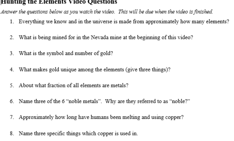 Hunting the Elements Video Questions